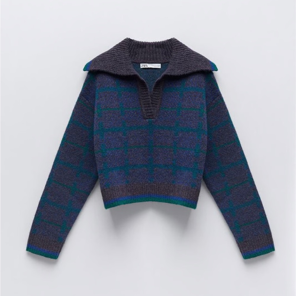 Zara Women's checkered polo sweater in blue and green hues with v-neck collar